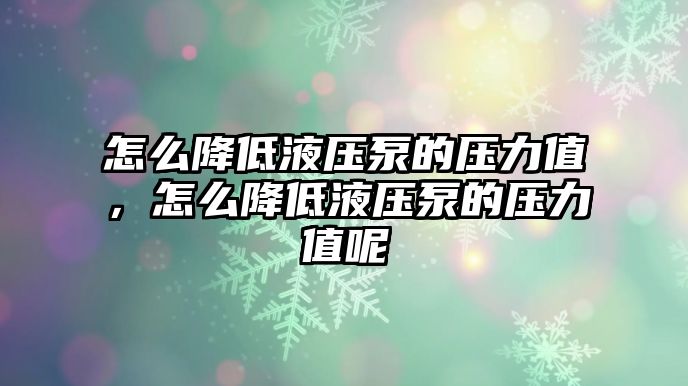 怎么降低液壓泵的壓力值，怎么降低液壓泵的壓力值呢